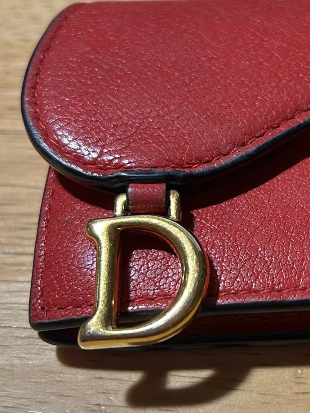 Authentic Christian Dior Paris Red Leather Saddle D Charm Credit Card Wallet